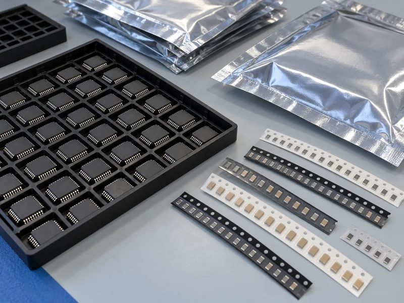 Electronic components in antistatic trays and carrier tapes prepared for PCB assembly