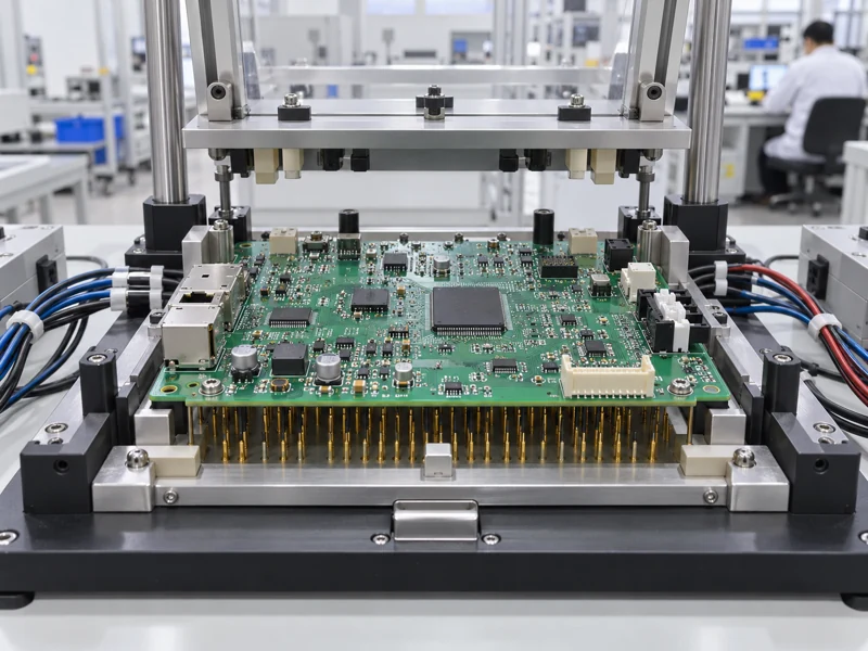 Populated circuit board secured in a functional electrical test fixture