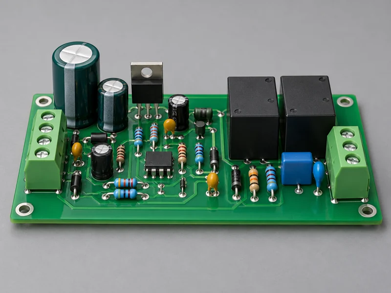 Green through-hole PCB assembly with relays capacitors and terminal blocks