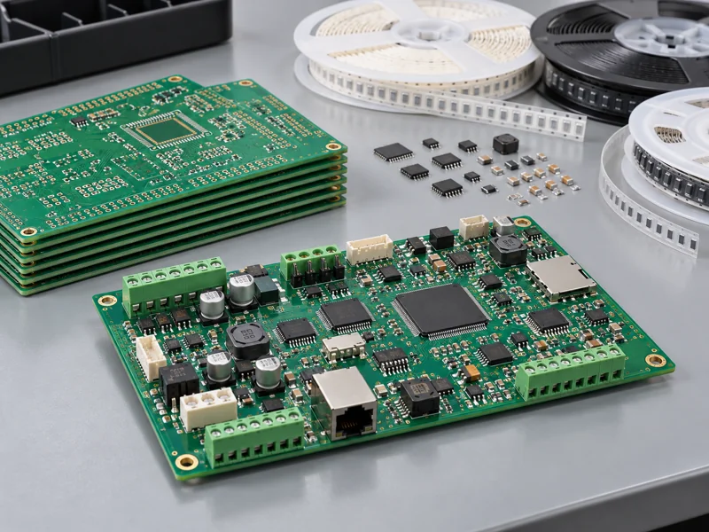 Turnkey PCB assembly kit with a populated circuit board bare boards and component reels