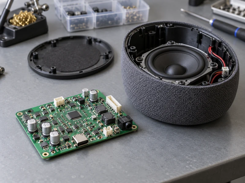 Consumer audio prototype PCB beside an open speaker enclosure