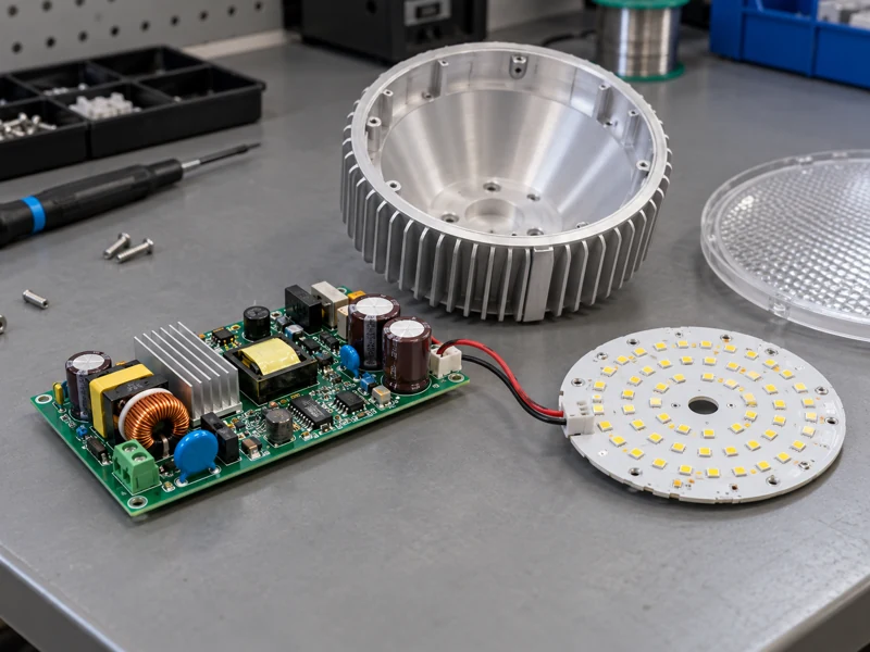 LED lighting prototype driver assembly beside an LED module and aluminum housing