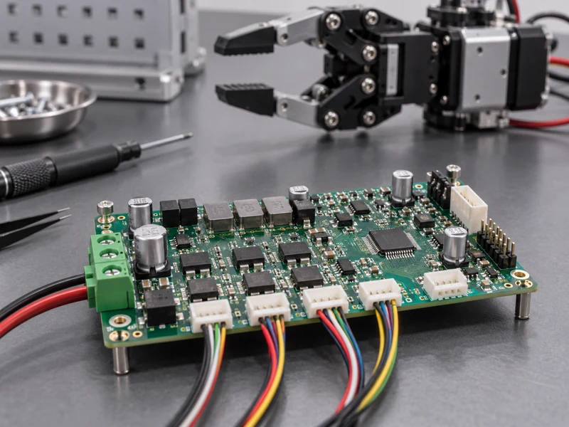 Robotics prototype motor controller assembly beside a robotic gripper