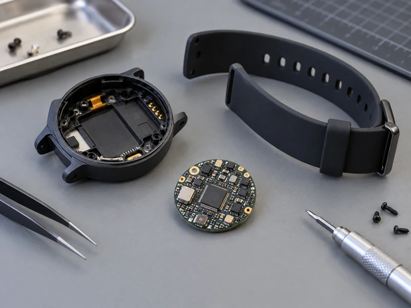 Wearable sensor prototype PCB beside a wristband enclosure and strap