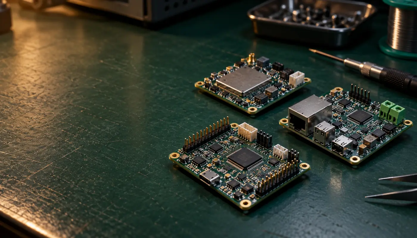 Prototype PCB assemblies with populated components and test points on a dark green workbench
