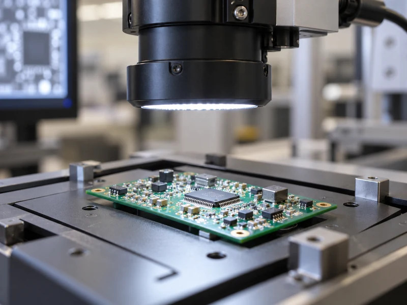 Optical camera examining components and solder joints on a prototype PCB assembly