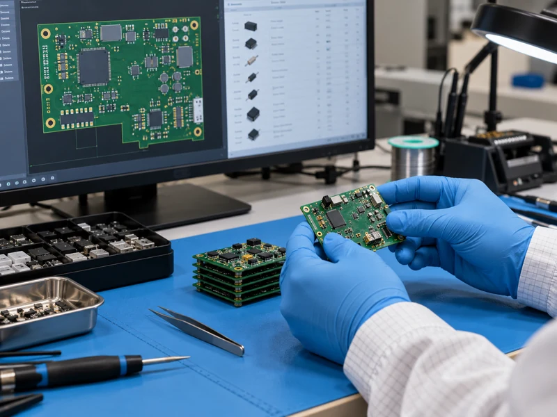 Engineer reviewing PCB layout and BOM beside a prototype assembly