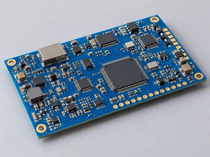 Blue prototype SMT assembly with fine pitch integrated circuits and small passive components