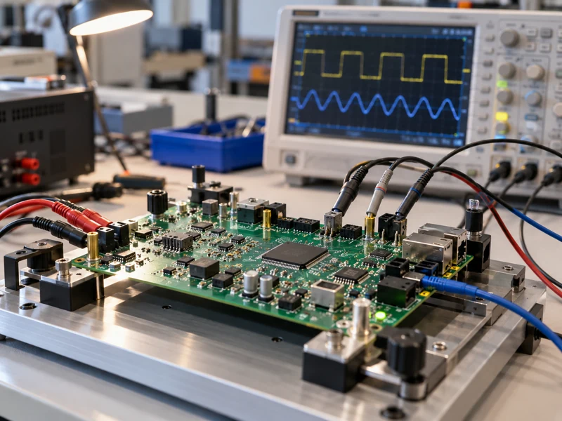 Prototype circuit assembly connected to a bring-up test fixture and power leads