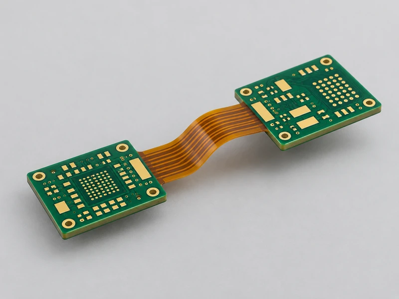 Two rigid PCB sections joined by an integrated flexible circuit