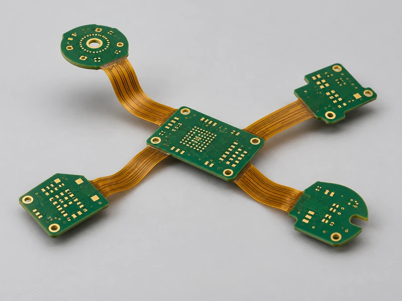 Multi-branch rigid-flex PCB with a central board and four connected rigid islands