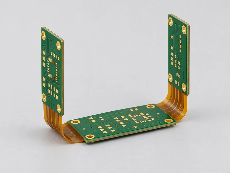 U-shaped folded rigid-flex PCB with two upright green boards and a horizontal center