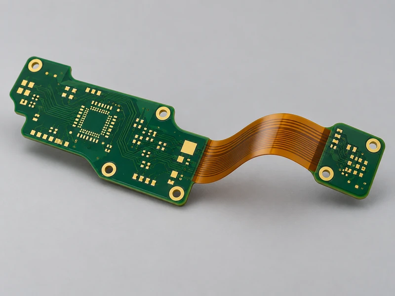 Asymmetric rigid-flex PCB with two green rigid regions joined by an amber flex bridge