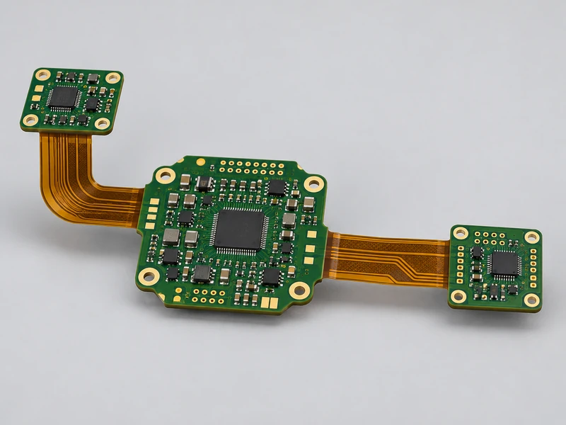 Branched rigid-flex circuit with three green rigid board regions