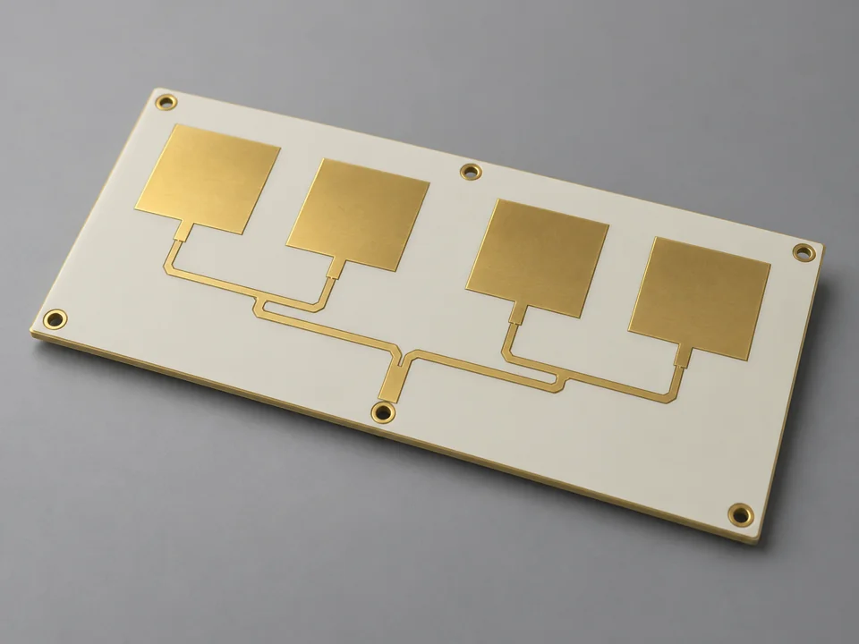 Bare elongated antenna PCB with four flat gold patch elements