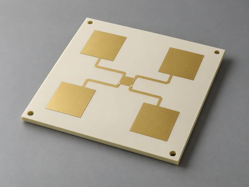 Unpopulated square RF antenna PCB with a two-by-two gold patch array