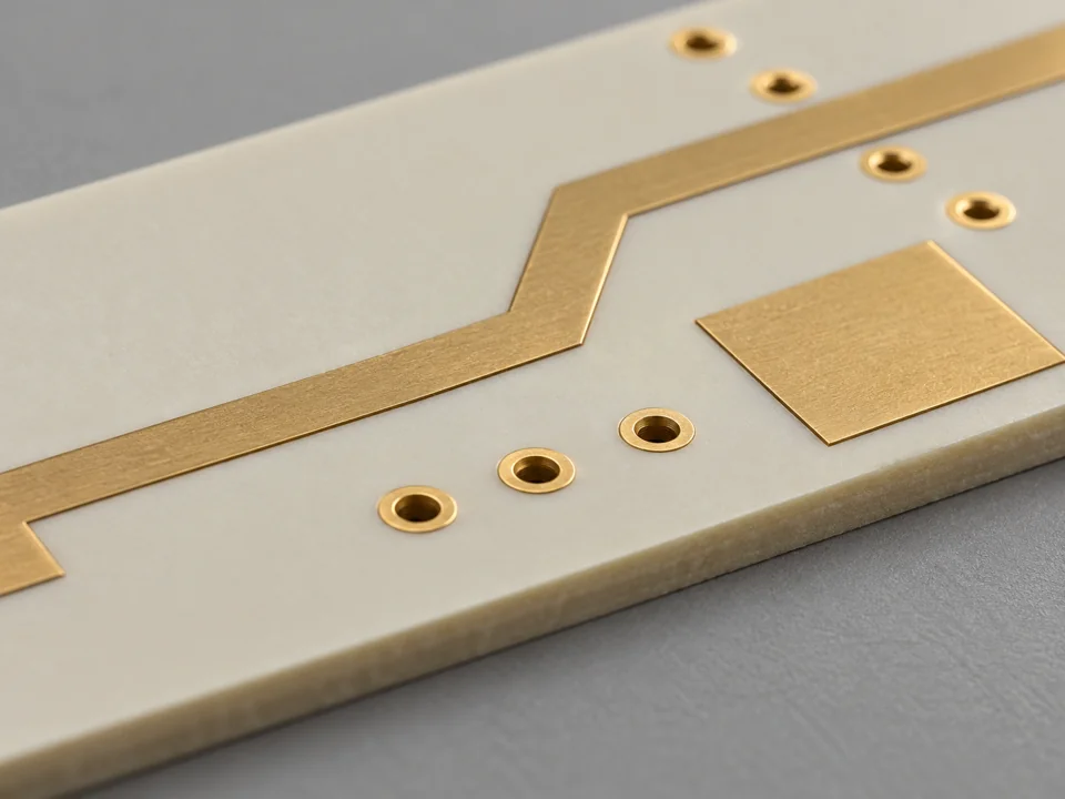 Close-up of flat gold RF transmission lines and plated grounding vias