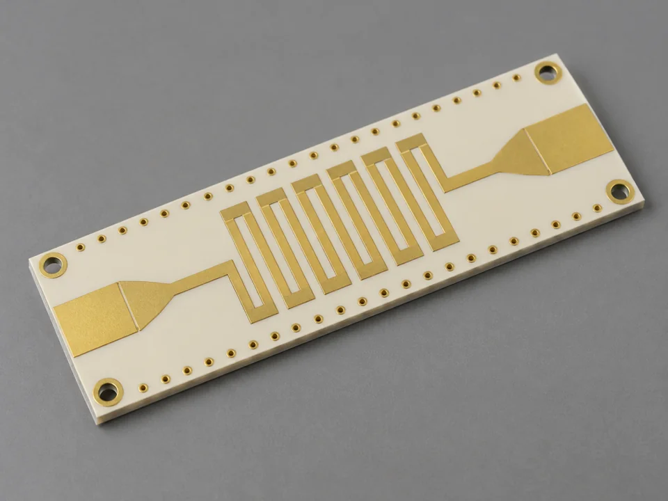 Bare RF filter circuit board with interleaved flat gold conductor fingers
