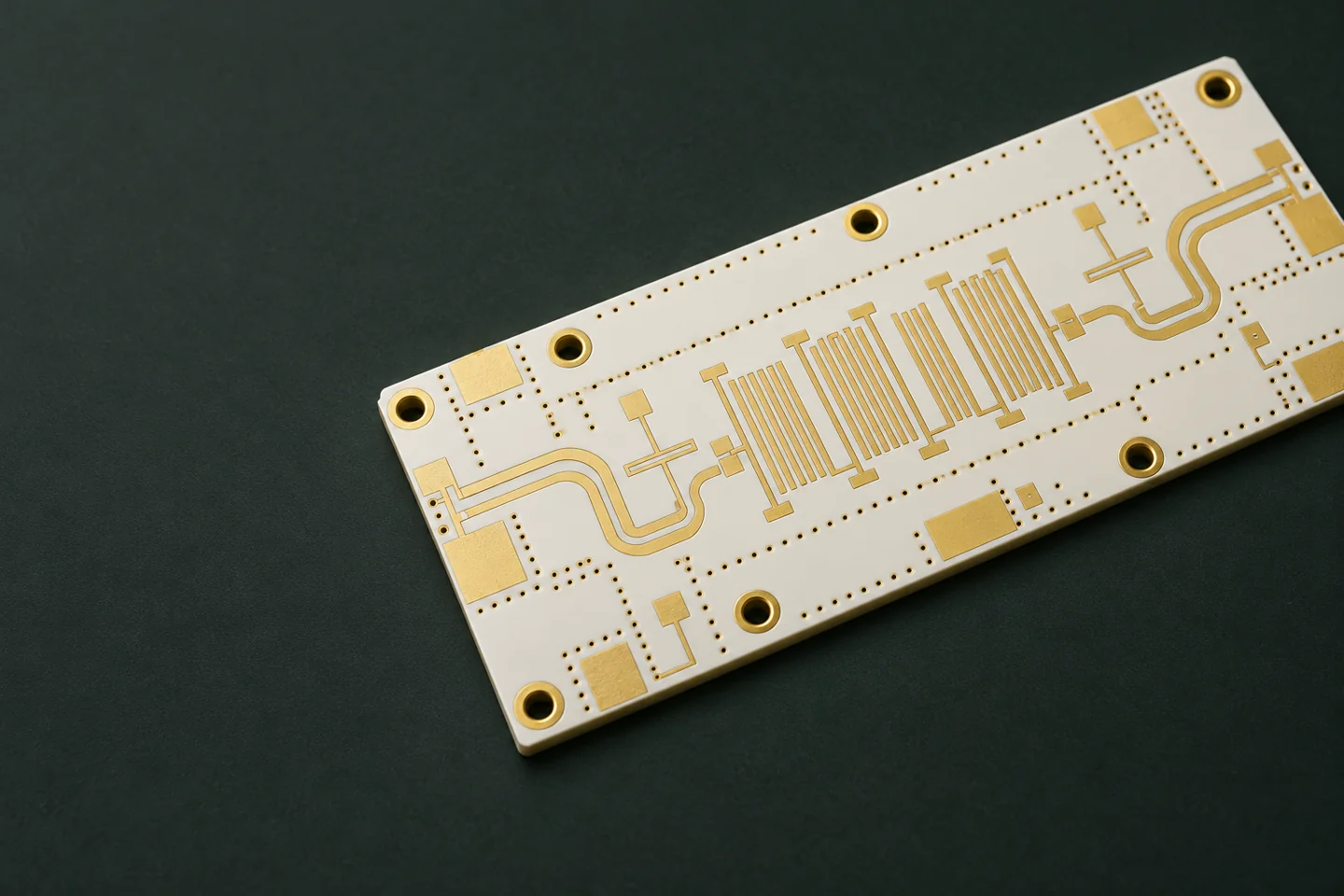 Unpopulated high-frequency RF PCB with gold microstrip patterns on pale dielectric