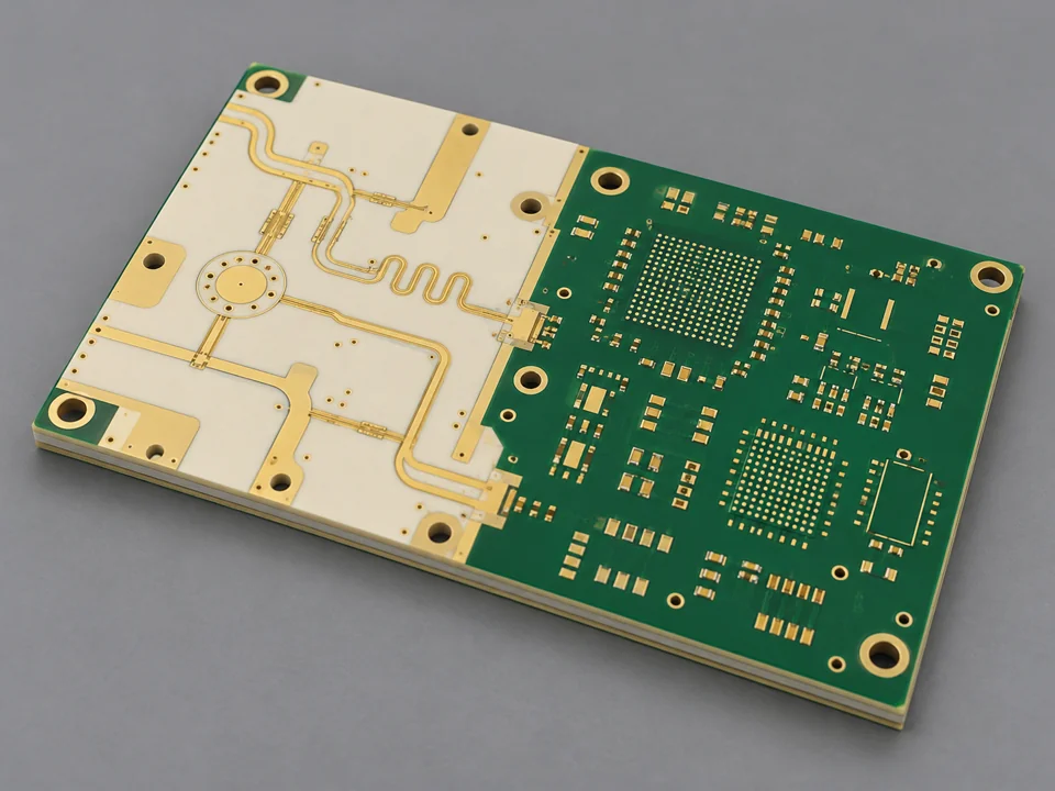 Bare RF and digital PCB layout with pale dielectric and green solder mask regions