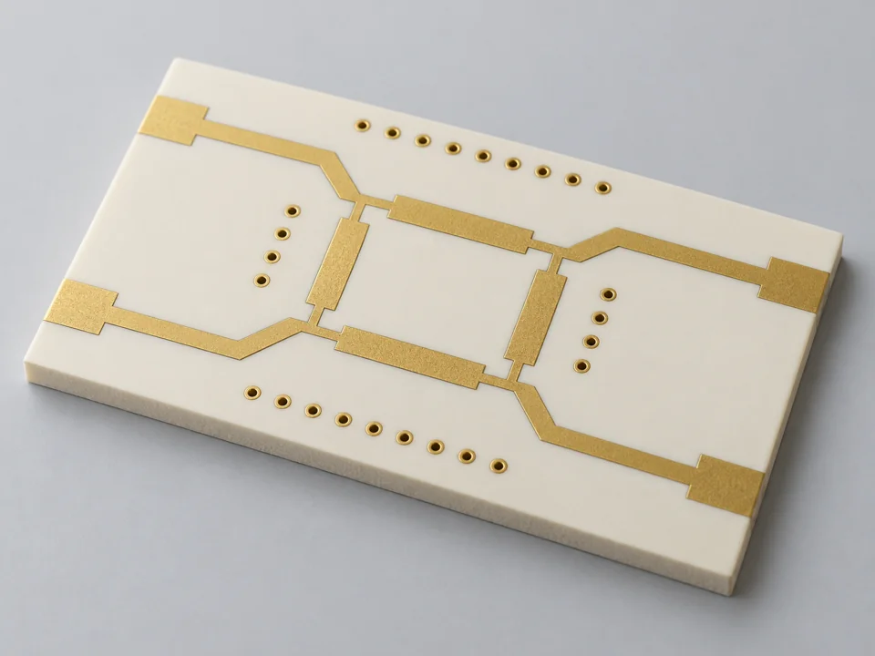 Unpopulated pale RF PCB with gold microstrip coupler routing