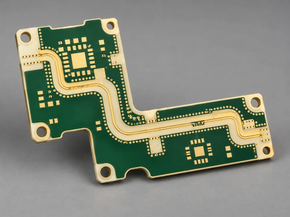 Compact L-shaped unpopulated RF PCB with gold routing and via fences