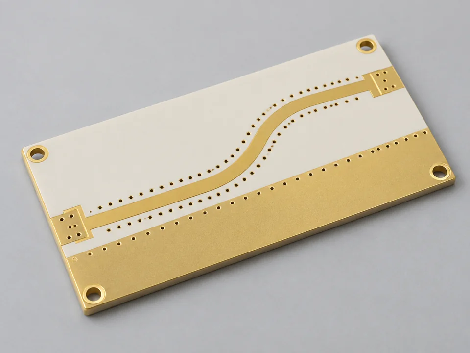 Bare RF circuit board with gold transmission line and grounded via fence