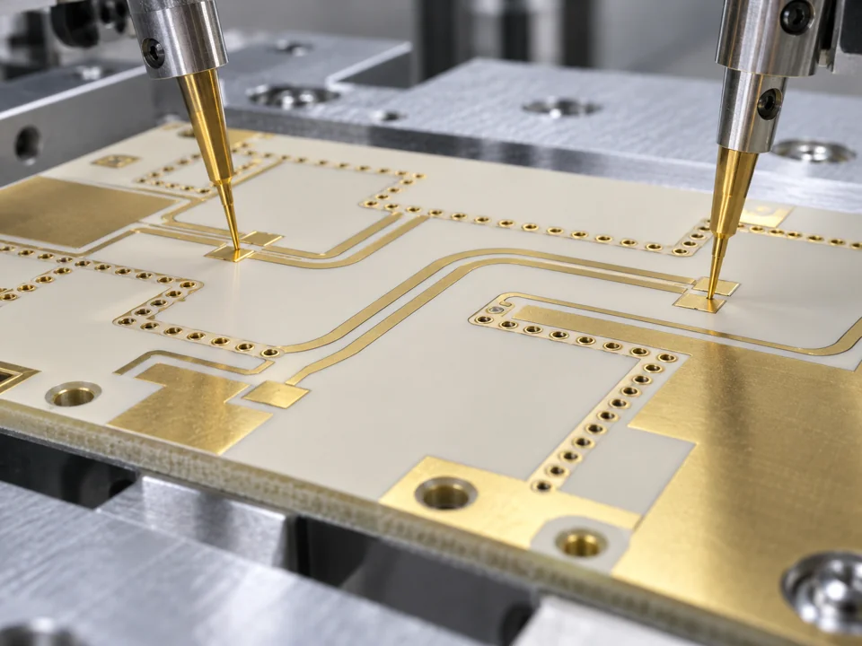 Flying probes testing flat gold pads on a high-frequency bare PCB