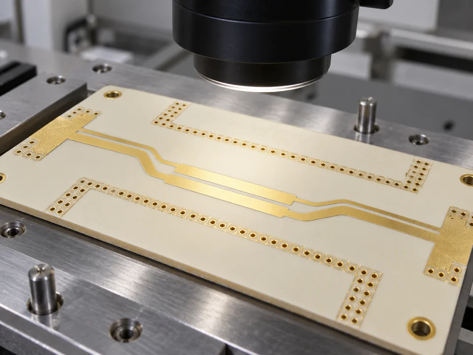 Optical inspection of gold RF traces on a pale Rogers-type high-frequency bare PCB