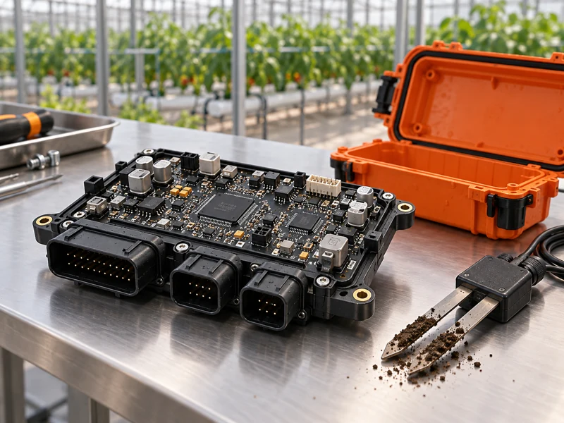 Agricultural controller PCB assembly beside a weather resistant enclosure and soil sensor
