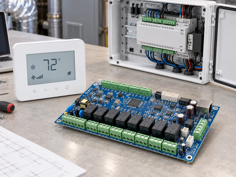 Building automation PCB assembly beside an HVAC thermostat and controller enclosure