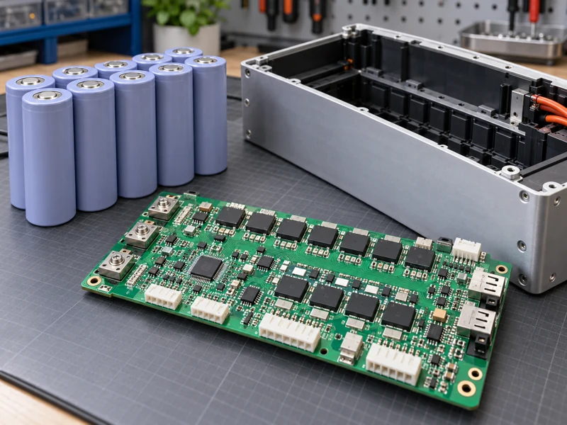 Battery management PCB assembly beside energy storage cells and a module housing