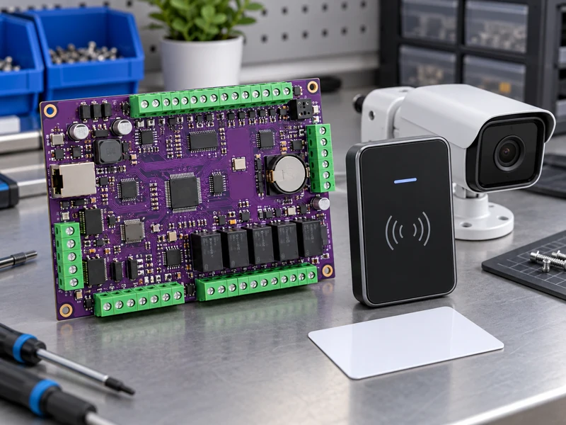 Access control PCB assembly beside an RFID reader and security camera housing