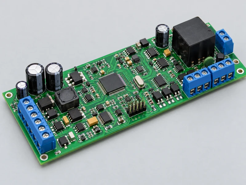 Green mixed technology PCB assembly with terminal blocks relays and capacitors