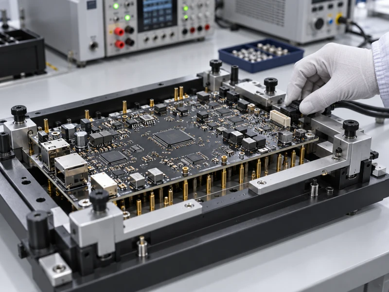 Black PCB assembly in a bed of nails functional test fixture with a gloved technician connecting the board