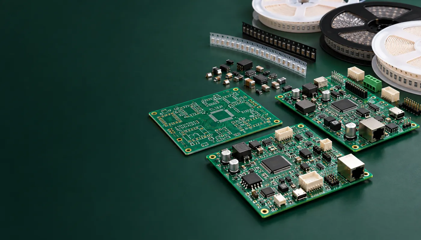 Turnkey PCB assembly boards with component reels on a dark green workbench