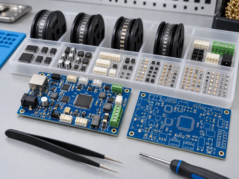 Complete turnkey assembly kit with blue populated PCB bare board and component reels