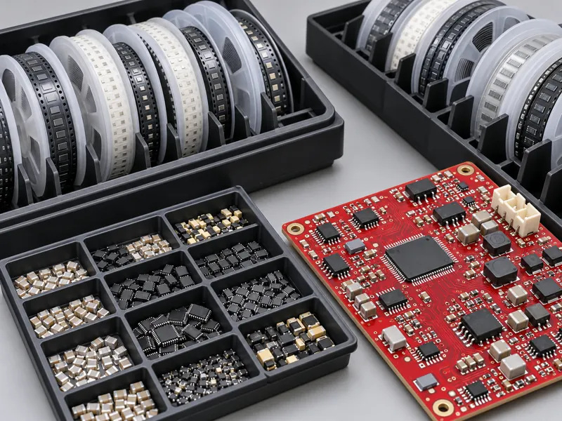 SMD component reels organized beside a red populated PCB for turnkey procurement