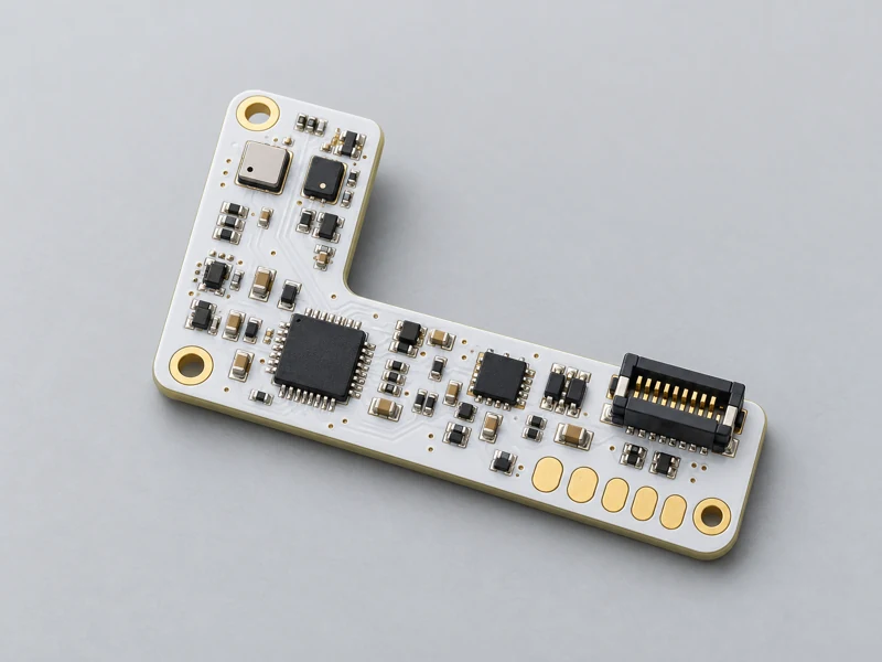 White L shaped compact sensor interface PCB assembly with MEMS devices