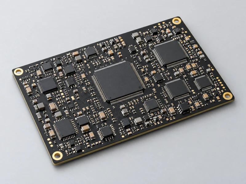 Black surface mount PCB assembly with dense integrated circuits and passive components