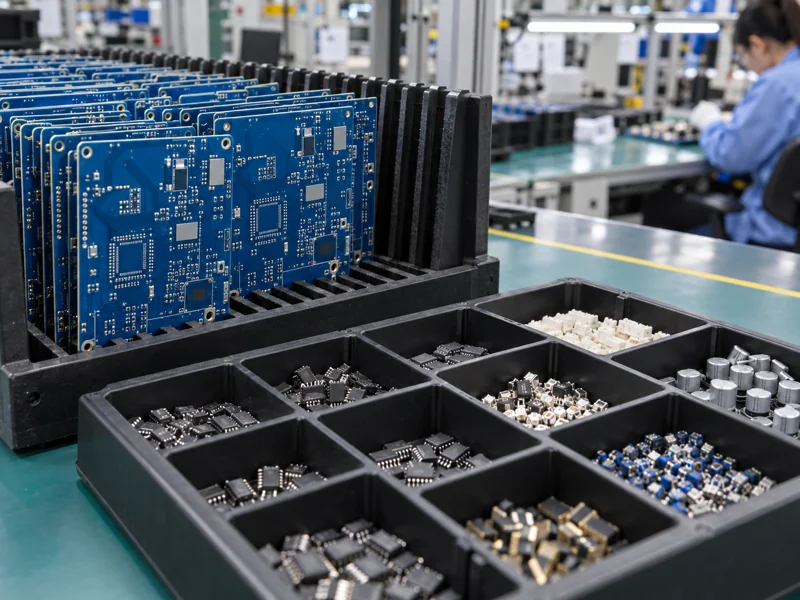 Blue bare circuit boards staged beside matched component kits