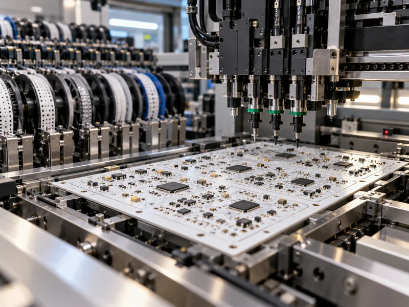 White PCB assembly panel being processed in an SMT production machine