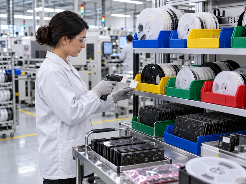 Chinese technician in a white antistatic coat scanning materials beside component reels and black PCBs