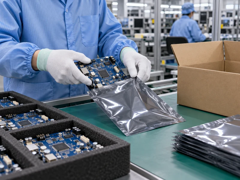 Finished blue PCB assembly being placed in protective antistatic packaging
