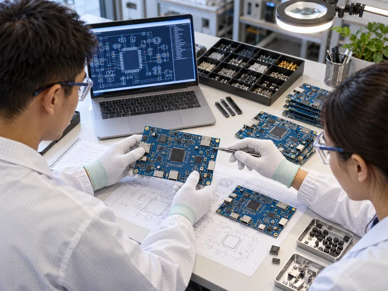 Engineers reviewing PCB samples and the turnkey project release package